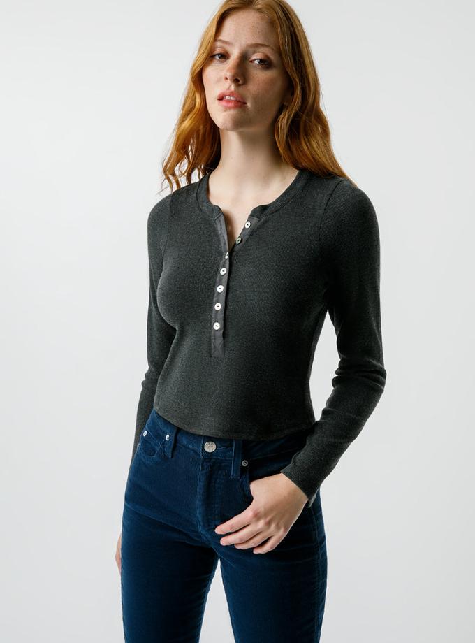 A M O Sassy Rib Henley  Black Heather New Arrival