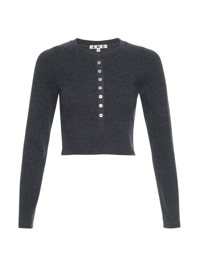 A M O Sassy Rib Henley  Black Heather New Arrival